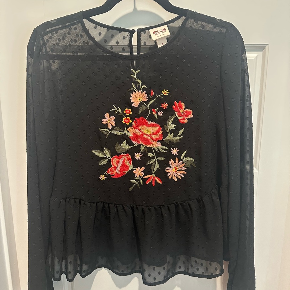 Black Floral Embroidered Women's Top